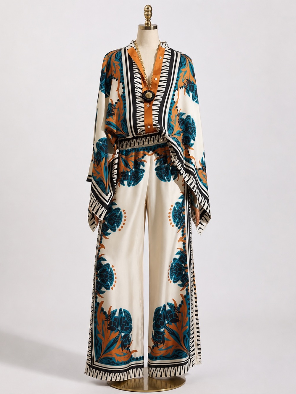 Boho Luxe Floral Two-Piece Set – Kimono Sleeve Top & Wide-Leg Pants L-XL - Picture 4 of 4